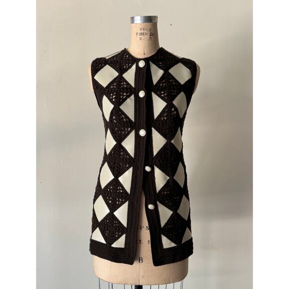 Vintage 1970s Checkered Crochet Chocolate Wool & White Leather Vest - Picture 1 of 3